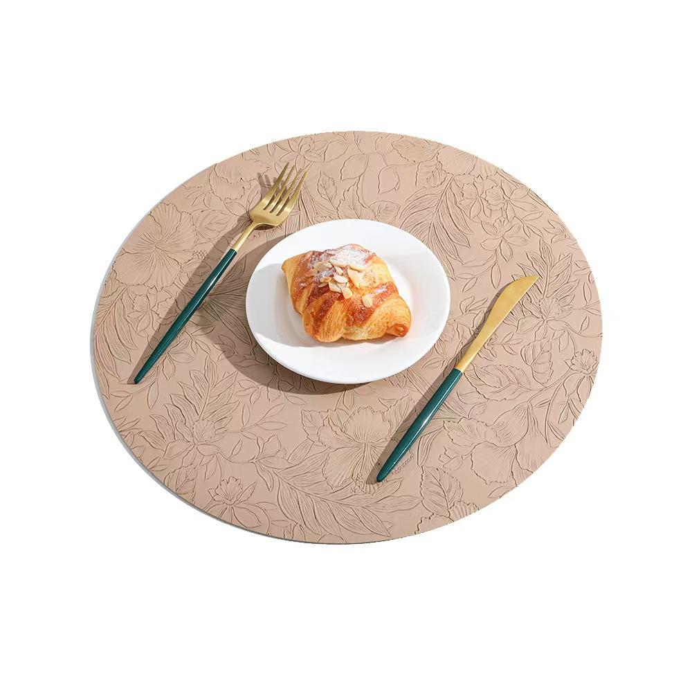 Round Floral Leather Place Mats 34cm, Heat Resistant Non-Slip Washable, Dual-Sided Two-Color Kitchen Coffee Table Mats for Home