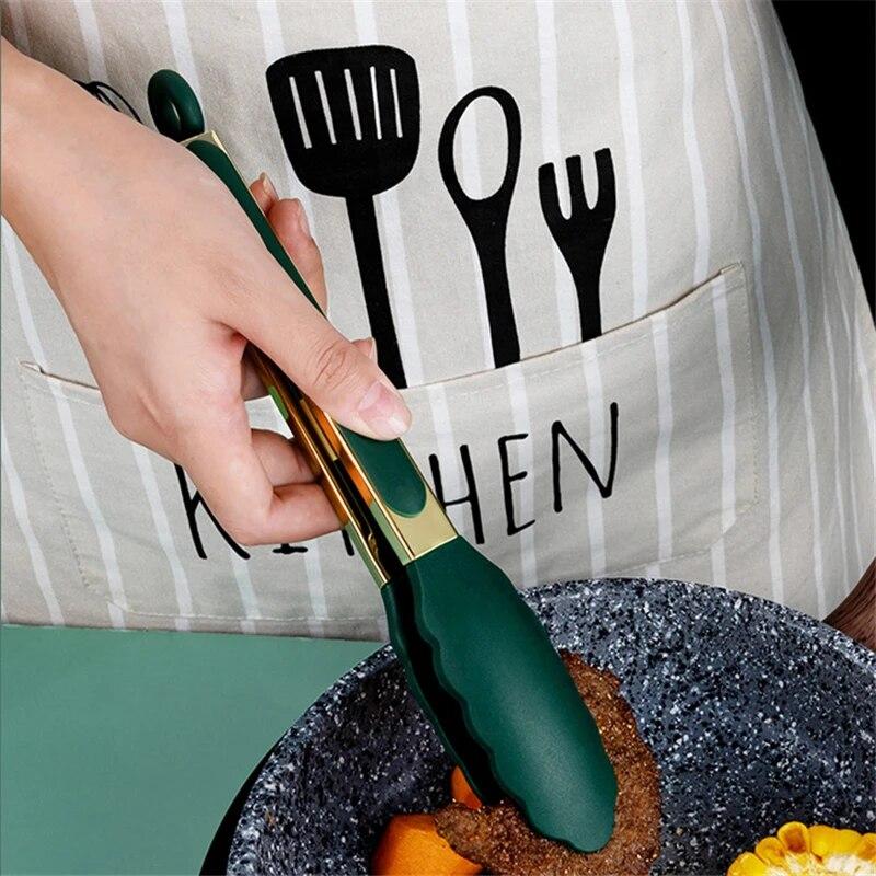 9/12 дюймов, зеленое золото, силиконовые щипцы для еды, нержавеющая сталь, гриль для барбекю, зажим для стейка, кухонный зажим для сервировки салата, хлеба, посуда