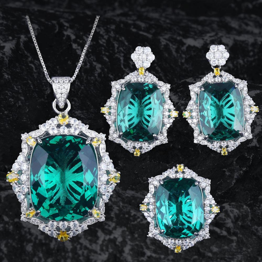 Elegant Emerald Pendant Necklace with Ruby Earrings and Adjustable Ring Set for Women