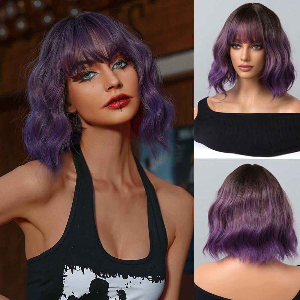 Platinum Bob Wig With Bangs Short Loose Wavy Synthetic Wigs for Women Cosplay Party Wig Dark Root Heat Resistant Fiber Fake Hair