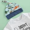 Newborn Three-Piece Outfits, Letter Print Short Sleeve Romper + Colorful Fishes Patchwork Drawstring Trousers + Knotted Hat