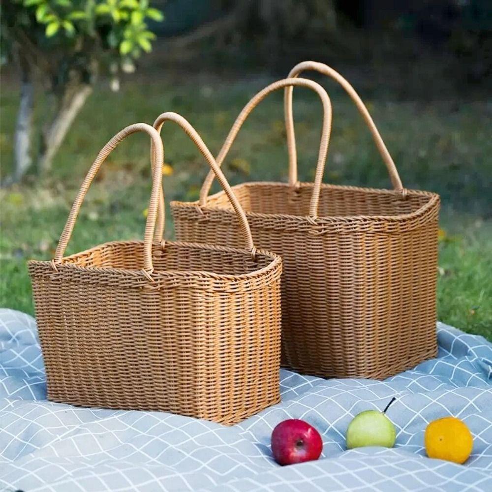 With Handle Woven Basket Rectangular Flower Basket Picnic Basket  Outdoor Picnic
