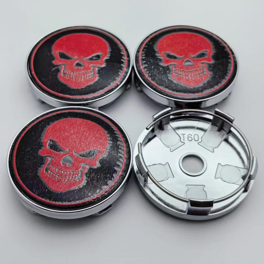 4pcs 60MM ( 56MM I.D) Skull Logo Emblem Car Wheel Center Caps Styling Accessories for Wheels Hub Rim Hubcaps Cover Badge Replace