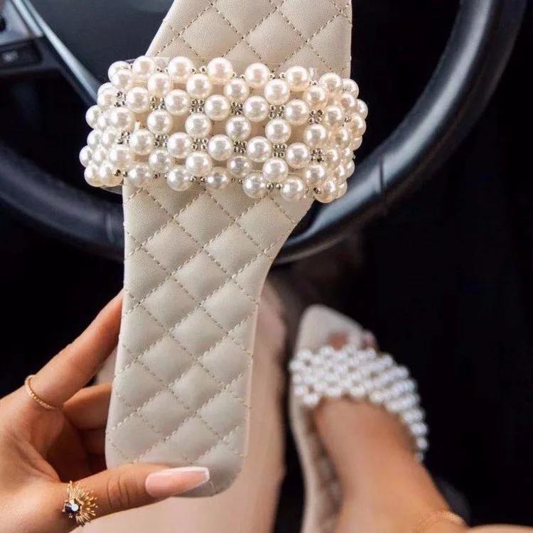 Весна и лето Новые женские жемчужные стразы женские универсальные повседневные тапочки модные однотонные туфли на плоской подошве сандалии