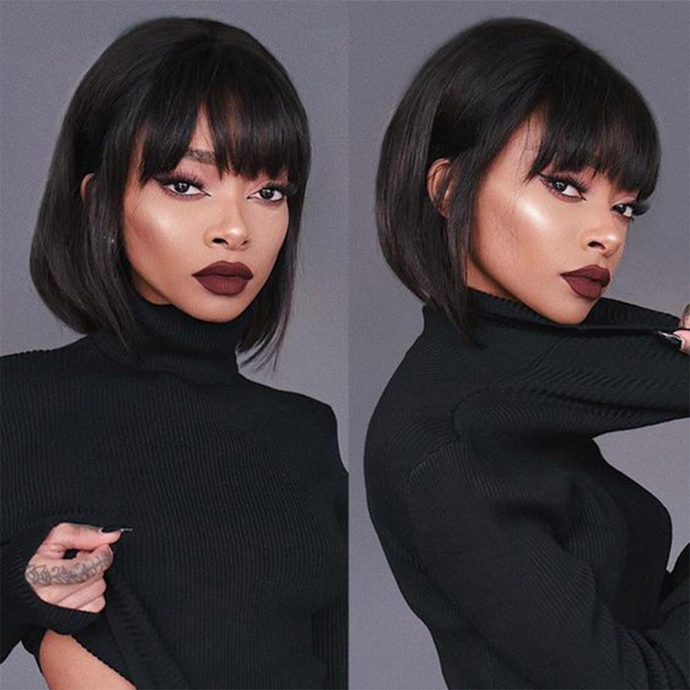 MISS WIG Synthetic Short Bob Wig with Bangs for Women Black Brown Wig Lolita Cosplay Party Daily Wear