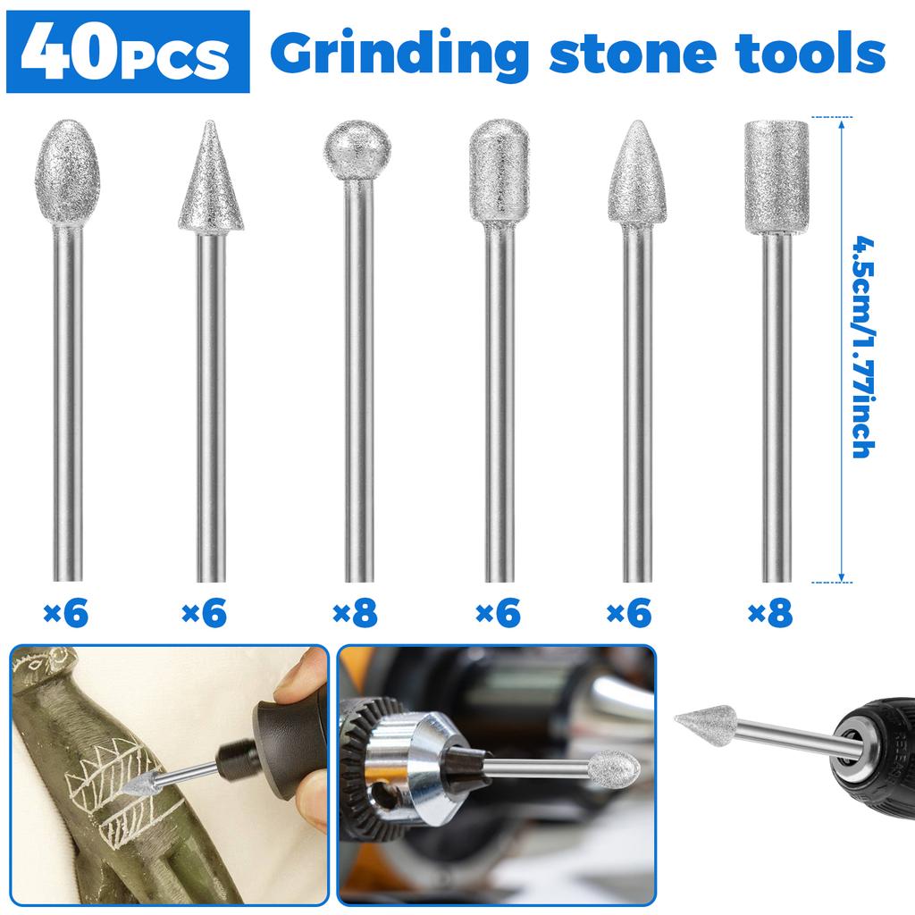 40Pcs Diamond Drill Grinding Bit 1/8" Shank 120 Grit Stone Carving Dremel Rotary Tool for Carving Grinding Polishing Engraving