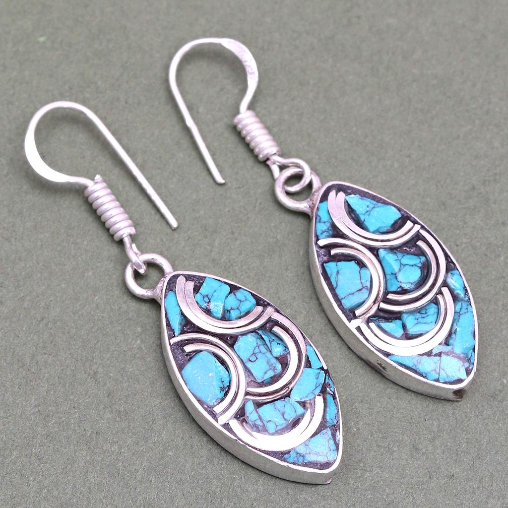 Nepali Tibetan Turquise Lapis Lazuli Gemstone Silver Jewelry Earring 1.5''