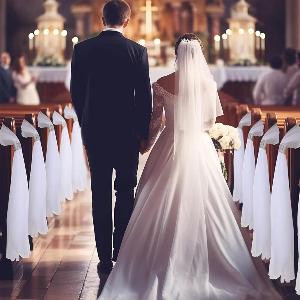 5 Pcs White Veil Wedding Aisle Decoration Outdoor Wedding White Tutu Bow Wedding Pew Bows Wedding