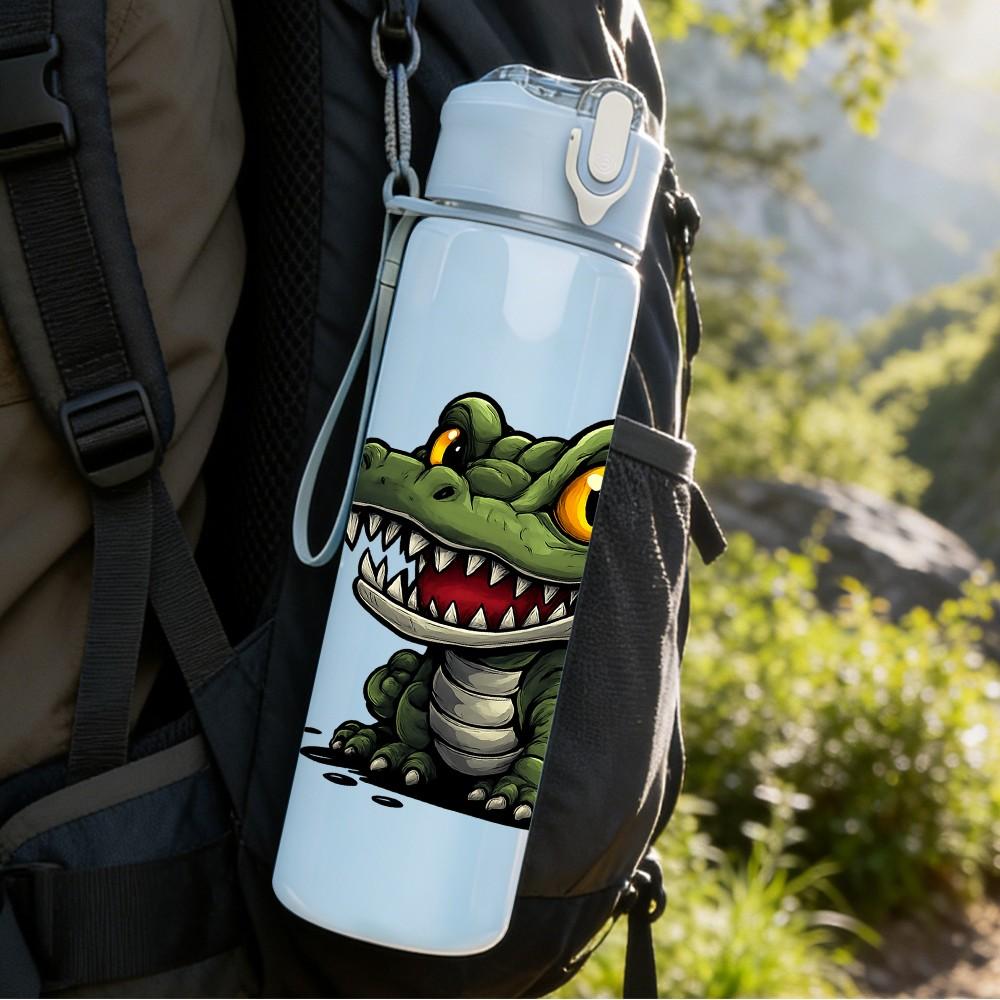 1PC Green Crocodile Wild Animal Pattern 750ml Color Plastic Sports Water Bottle Leakproof Flip Straw Lid Suitable for Sports Office Home Use