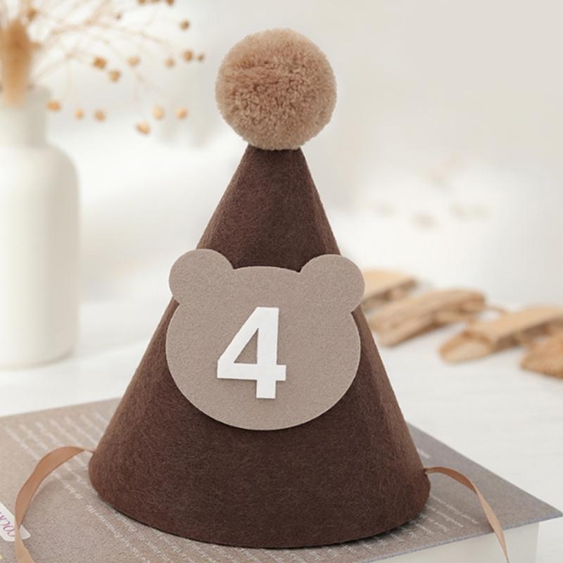Brown Coffee Bear Baby Birthday Hat Shower Party Decoration Pom Pom Peaked Cap Adjustable Size for 1st 2nd 3rd Years Old