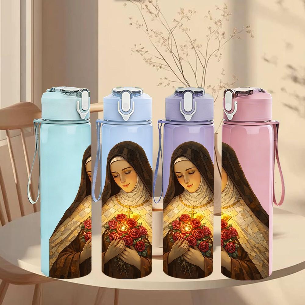 1PC Sacred Heart Nun Religious Print 750ml Color Plastic Sports Water Bottle Leakproof Flip Straw Lid Suitable for Sports Office Home Use