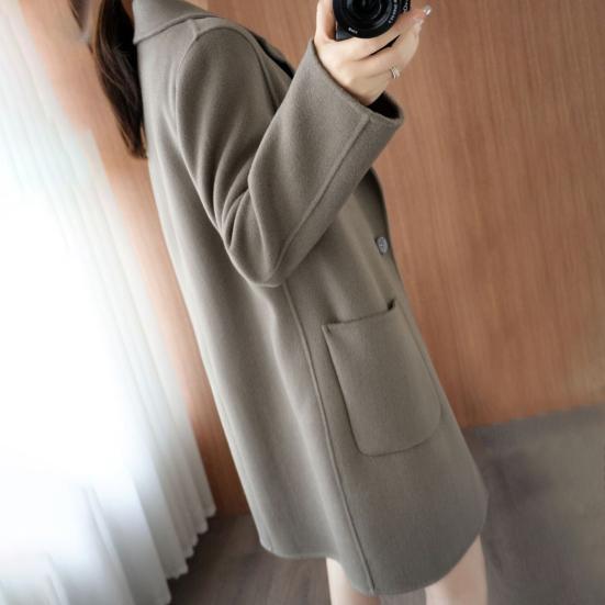 Женская куртка с двойными карманами, лацканами, однотонное шерстяное пальто на одной пуговице, большой размер, свободное теплое с длинными рукавами, для поездок на работу и свиданий, весна-осень