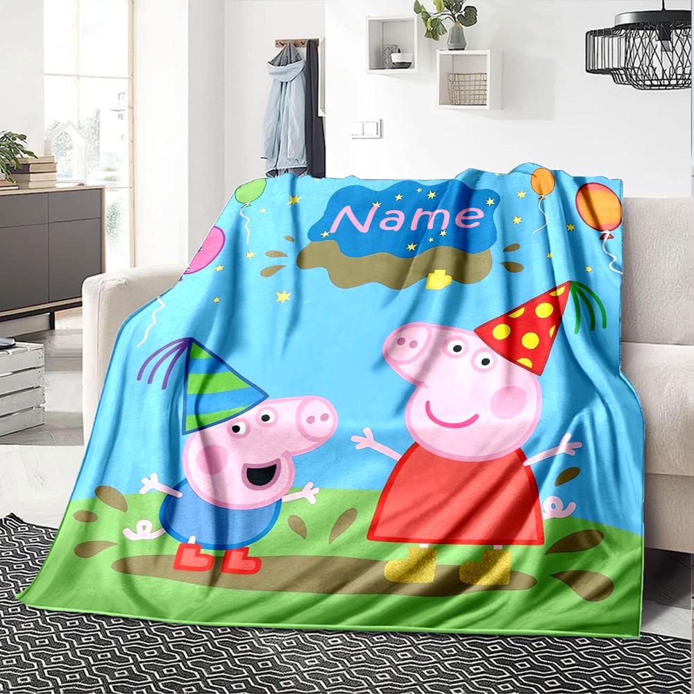 Custom Name Peppa Pig Theme Printed Blanket - Perfect for Couch, Bed, Travel & Outdoor Use | Machine Washable, Cozy & Durable.