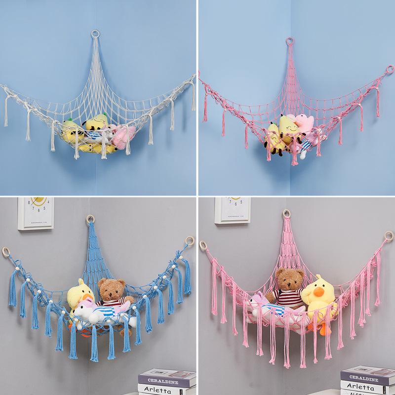 Triangular Toy Hammock Handwoven Cotton Rope Wall Storage for Stuffed Animals Plush Toys and Decor Macrame Toy Net With Fringe