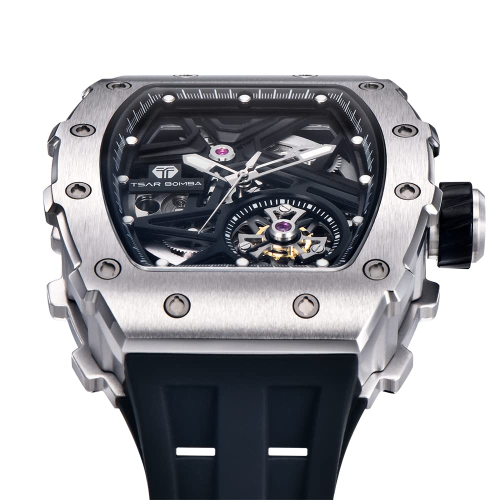 TSAR BOMBA Часы Business 50M Водонепроницаемые скелетонированные часы Стильные наручные часы из нержавеющей стали с циферблатом Tonneau для мужчин Светящийся японский механизм черного цвета