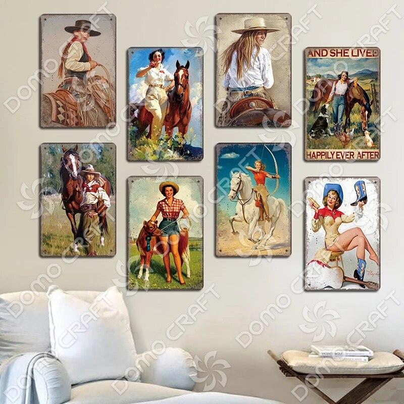 Cowgirl Tin Sign Metal Plaque Cowboy Boots Pony Metal Poster Vintage Wall Decor for Horse Riding Club Garden Home