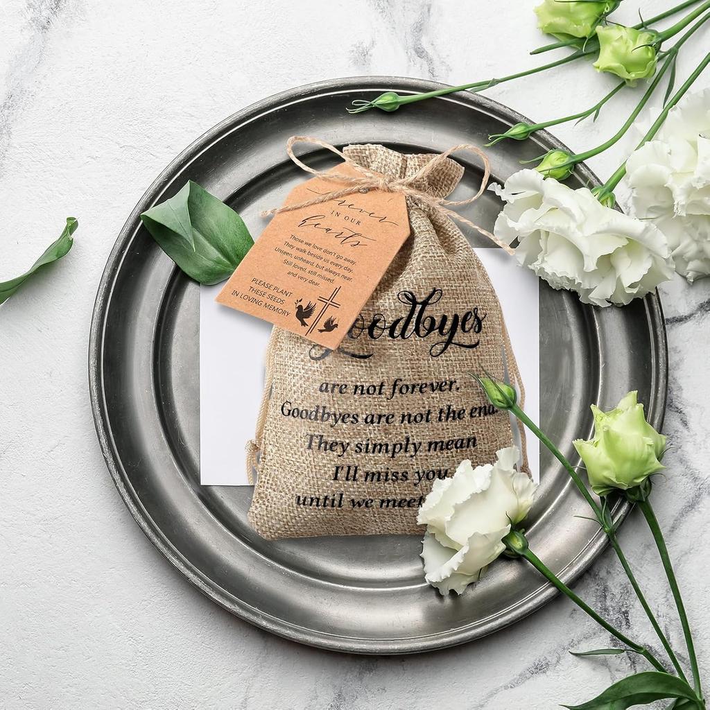 Tanlade 50 Наборов Подарков на Поминки Навсегда в Наших Сердцах Органайзер для Пакетиков с Семенами Подарочный Мешочек из Мешковины с Молитвенными Метками и Шпагатом для Празднования