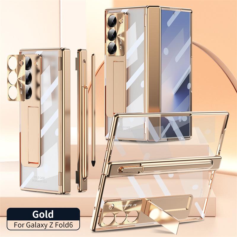 For Samsung Galaxy Z Fold 8 Ultra / 7 6 5 4 3 Plating PC Double Hinge Protect Stand Pen Slot Case with Tempered Glass Stylus Pen