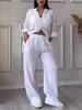 Casual Cotton and Linen Solid Color Shirt Drawstring Wide Leg Pants Set