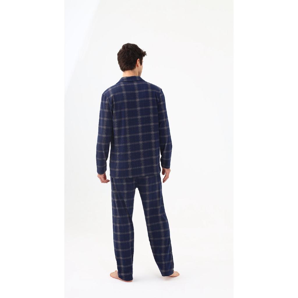 Men's Cotton Blue Plaid Patterned Long Sleeve Pocket Detailed Shirt Collar Pajama Set