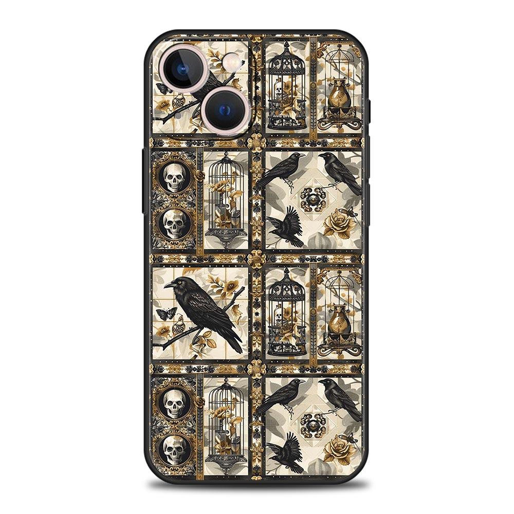 Raven Crow Skull Pattern Phone Case For iPhone 17 16 15 Pro Max 11 12 13 14 7 8 Plus SE 2020 X XR XS Cover Soft Black