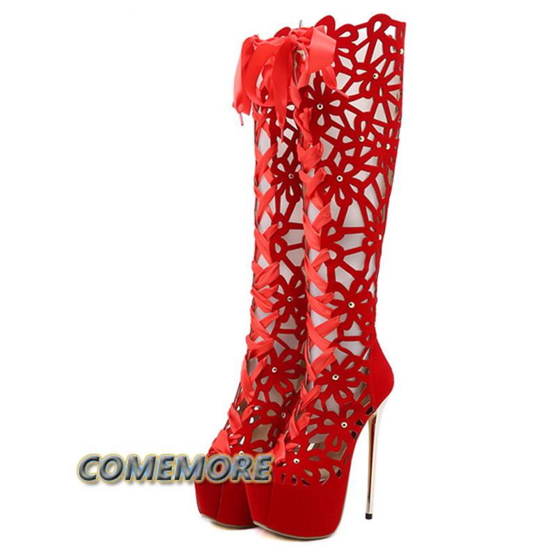 Летние 16 см ультратонкие высокие каблуки сексуальные ночные клубные сапоги выше колена женские туфли с открытым носком на шнуровке на молнии на платформе сандалии