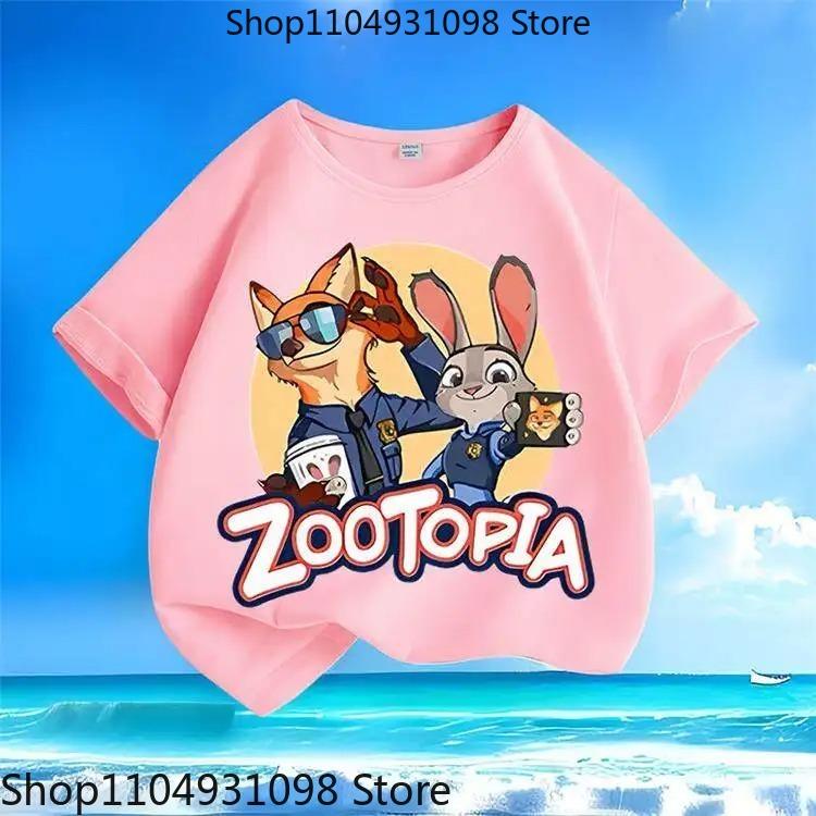 Pure Polyester Kids Short Sleeve Tee 2026 New, Zootopia Judy Nicky Cartoon Print Round Neck Casual Tops For Small Medium Children
