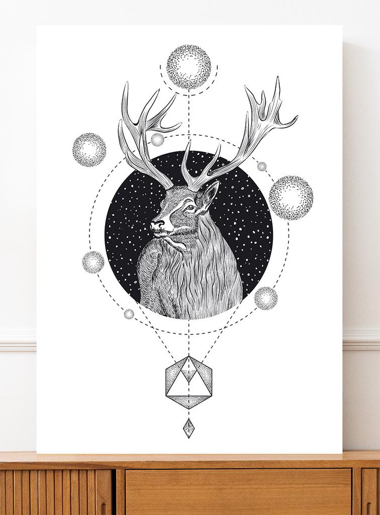Plakat czarnobiały jeleń geometria