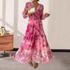Women Evening Dress Patchwork V Neck Lace-up Waist Bohemian Style Lantern Sleeves Pleated Chiffon Colorful Print A-line Big Hem Maxi Dress