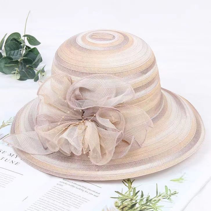 Летняя шляпа от солнца из органзы, элегантная складная пляжная шляпа с защитой от солнца с искусственным цветком, пляжная шляпа для путешествий и отдыха на открытом воздухе для женщин