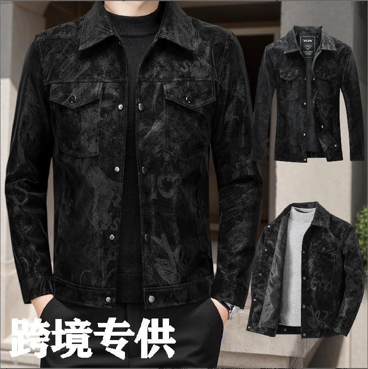 Windproof and warm men's leather jacket, autumn D-print deerskin leather jacket for men