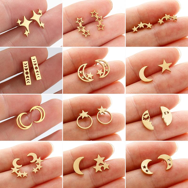 Stainless Steel Star Moon Stud Earrings for Women Everyday Mothers'day Celestial Birthday Gift Crescent Piercing Jewelry