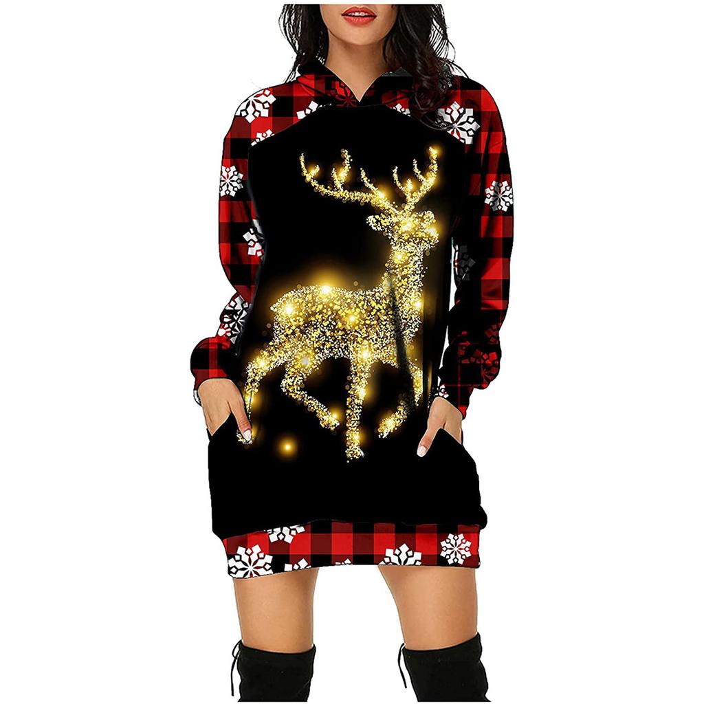 Fashion Womens Loose Christmas Plaid Snowflake Print Long Sleeve With Hooded Dress