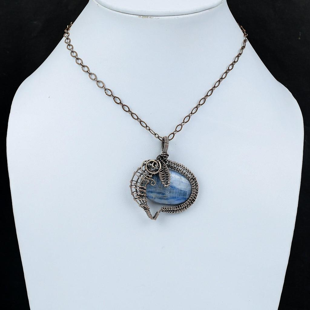 Кулон из кианита, обернутый медной проволокой, кианит, натуральный драгоценный камень, ювелирные изделия ручной работы, кулон из медной проволоки, дизайнерский кулон для подарка