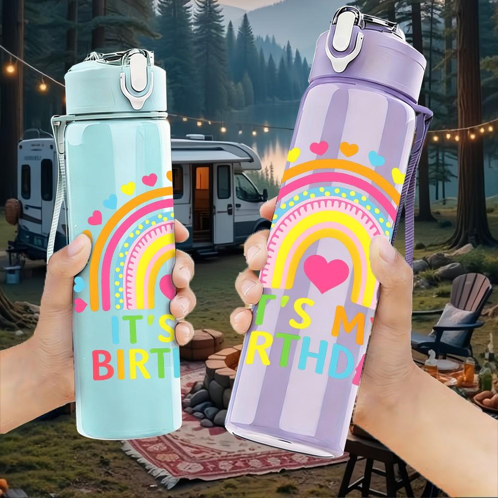 1PC It's My Birthday Pastel Rainbow Print 750ml Color Plastic Sports Water Bottle Leakproof Flip Straw Lid Suitable for Sports Office Home Use