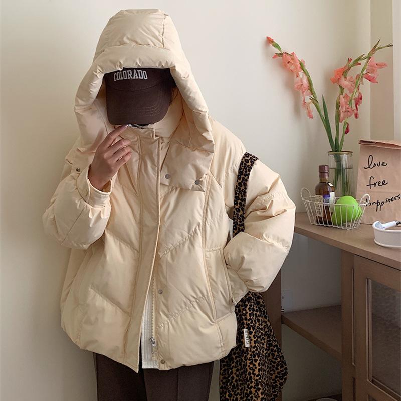 Модная куртка-пуховик женская короткая 2024 зимняя новая с капюшоном утолщенная белая теплая куртка на утином пуху прилив