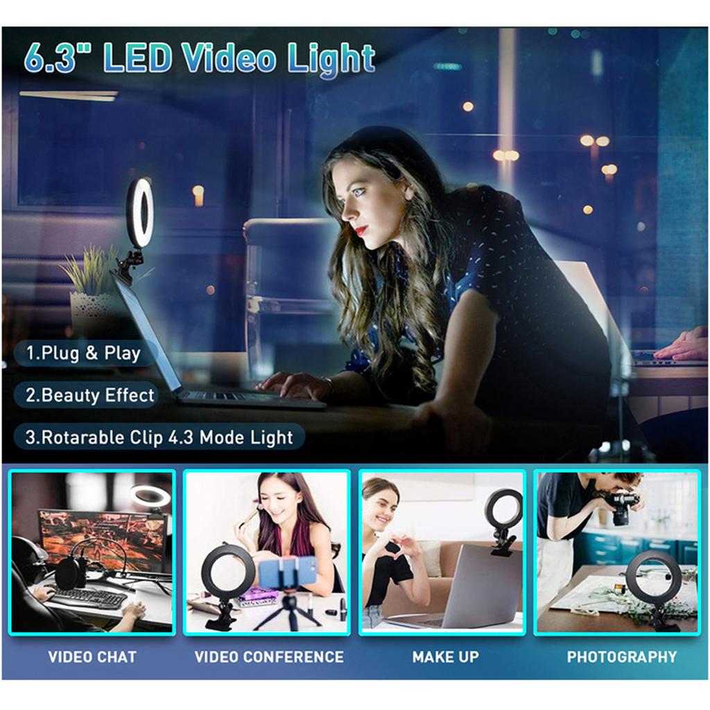 6inches LEDs Selfie Ring Light with Clamp USB Operated 3 Colors Temperature Changing  3 Levels Dimmable Brightness