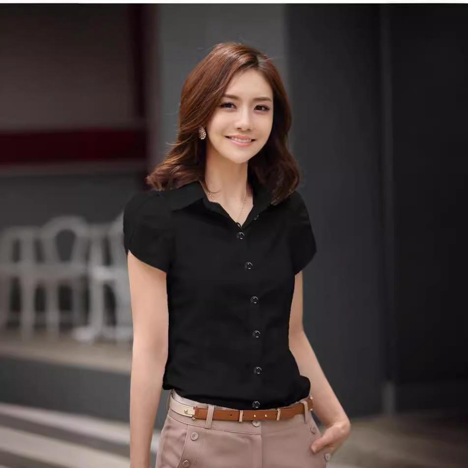 Женская блузка в корейском стиле с белыми оборками - Профессиональный приталенный летний топ с коротким рукавом