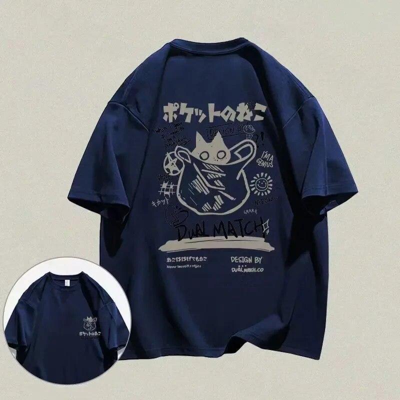 Мужские футболки с героями мультфильмов, лето 2023, Harajuku Kawaii, футболки с короткими рукавами и принтом кота FeUnisex, уличная одежда для пар, свободная одежда, топы Y2K, унисекс