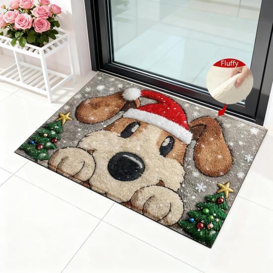 Коврик на пол из искусственного меха, мультяшный рисунок оленя и собаки, рождественская тематика, нескользящий коврик, декор для гостиной, спальни, кухни
