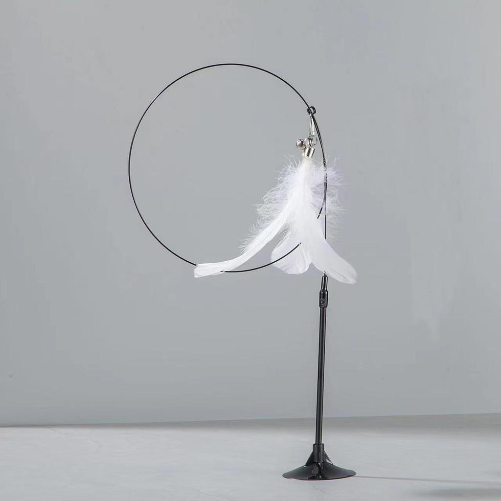 Cat Wand Teaser with Strong Suction Cup, Colorful Feathers, Steel Wire, Long Rod, Durable Design, and Bell for Self-Play