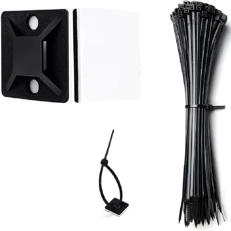 100Set Zip Tie Mounts Self-Adhesive Backing Cable Organizer Management Clips Wall Anchors for Secure Wire Holding Light Fixation