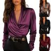 Women's Fashionable Solid Color V-neck Long Sleeved Pullover Casual Versatile Shirt Top