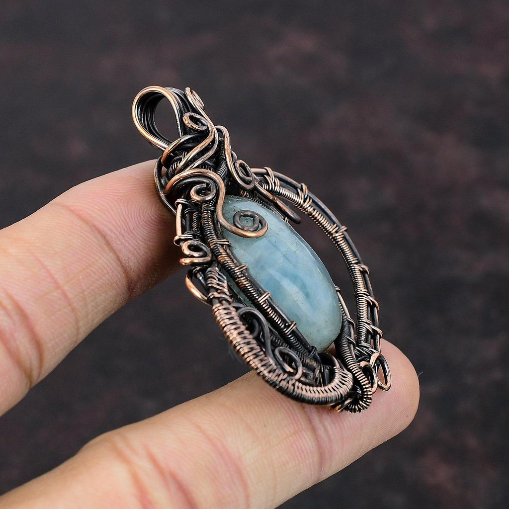 Аквамариновый кулон, медная проволока, кулон, кулон ручной работы, медные ювелирные изделия, подарок для мамы, натуральный драгоценный камень, кулон, проволочные украшения