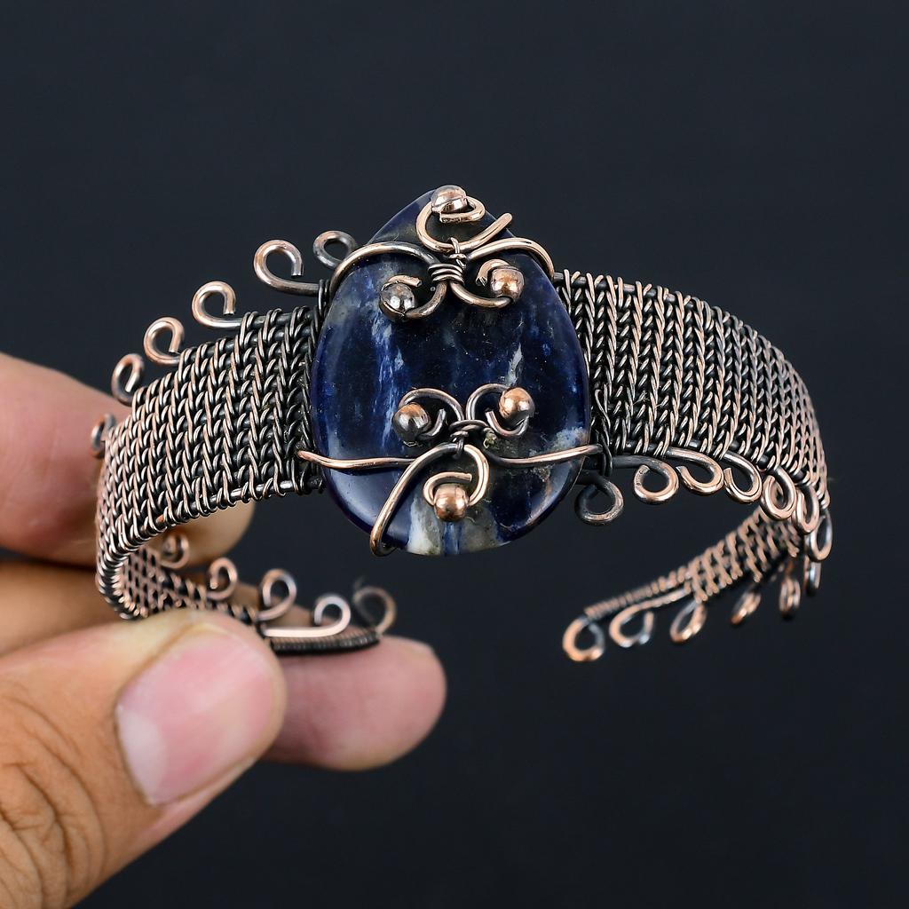 Natural Sodalite Gemstone Handmade Copper Wire Wrap Bangle Adjustable o5A27