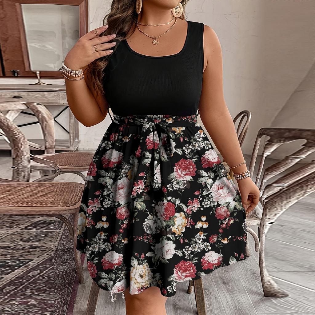 Женское модное повседневное платье без рукавов с цветным принтом и поясом большого размера