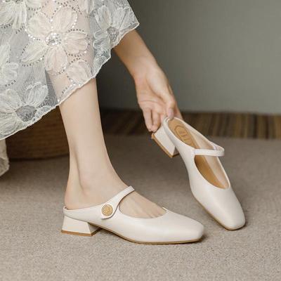 Женские шлепанцы из натуральной кожи на массивном каблуке с острым носком - Универсальный французский стиль для весны/лета