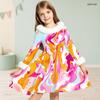 Girls Long Sleeve Furry Trim Printed A Line Flared Dress With Waist Bow