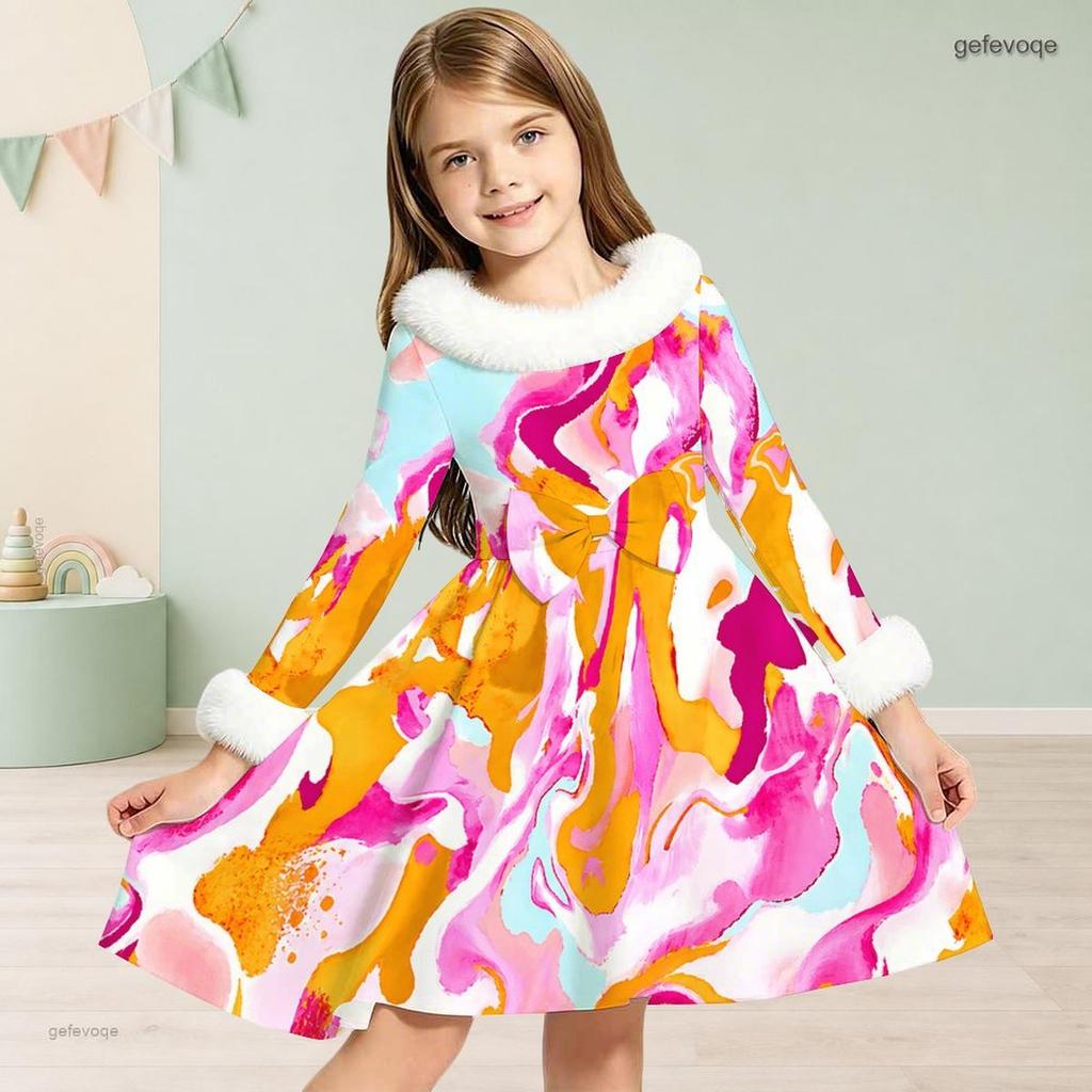 Girls Long Sleeve Furry Trim Printed A Line Flared Dress With Waist Bow
