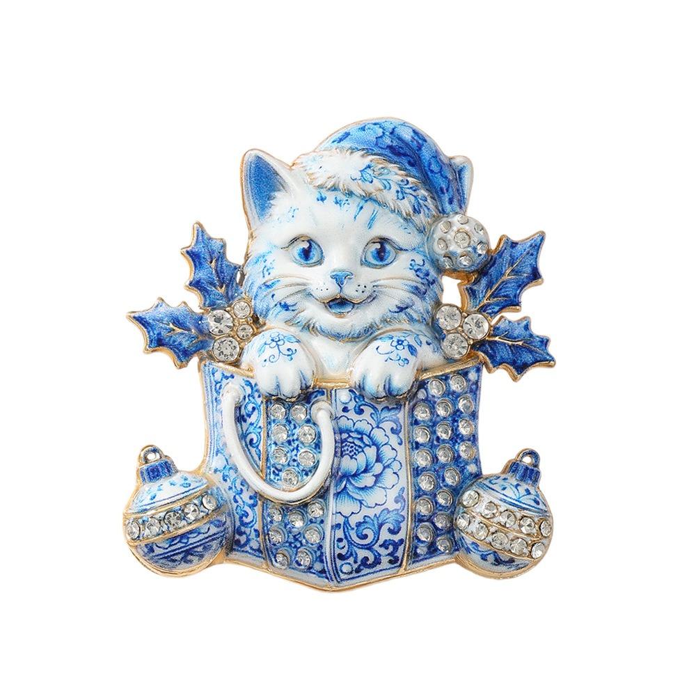 Enamel Finish Cat Brooch Crystal Accents Christmas Brooch Gifts Enamel Lapel Pin Coat Accessories